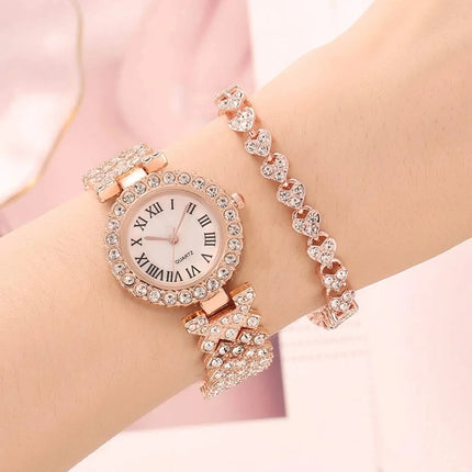 Luxury Women Shiny Bracelet Watches 2pcs Set Rose Gold Watch Fashion Ladies Elegant Quartz Diamond Wristwatch Female Reloj Mujer