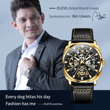 OLEVS 6685 Mechanical Fashion Watch Gift Genuine Leather Watchband Round-dial Luminous