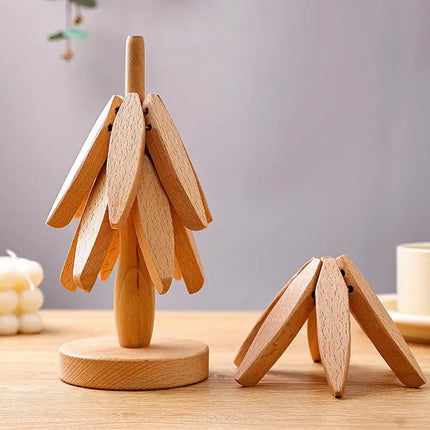Wooden Trivets for Hot Dishes Folding Tree Shape Black Walnut Table Mat Holders Heat Insulated Pad Set Coasters for Pots