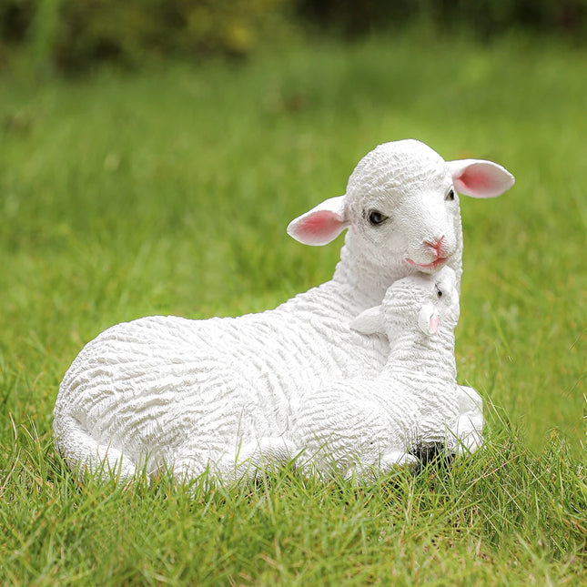 2 pcs Resin Figurine Lamb Ornament Decor for Garden Farmyard Artificial Lamb Mother Baby Sheep Outdoor Sculptures for Garden