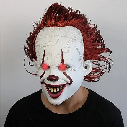 Glowing Horror Clown Mask Halloween Red Light Eyes Mask Adjustable Face Unisex Cosplay  Mischief Carnival Party Dress Up Props