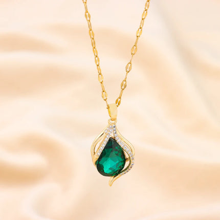 New Vintage Style Light Luxury Green Water Drop Pendant Necklace For Women Trendy Stainless Steel Jewelry Ladies Wedding Jewelry