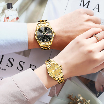 2pcs/set Authentic Luxury Couple Watch Golden Stainless Steel Lovers  Quartz Wrist Watches For Women Men Analog Wristwatch 2521