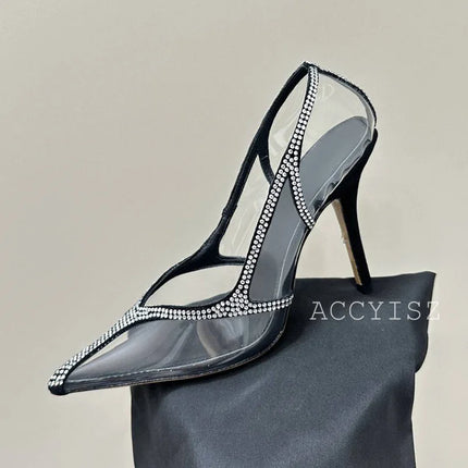 Summer crystal decoration PVC transparent solid color high-heeled women's pointed toe sexy party fashion dress shoes 2024