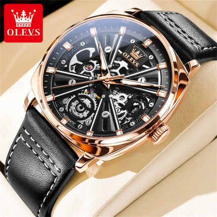 OLEVS 6685 Mechanical Fashion Watch Gift Genuine Leather Watchband Round-dial Luminous