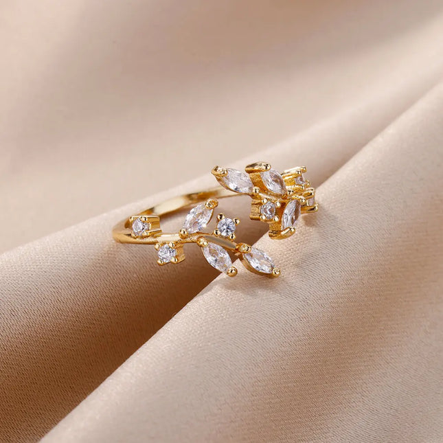 Zircon Leaves Open Rings For Women Gold Color Stainless Steel Leaf Ring Wedding Aesthetic Jewerly Gift anillos mujer