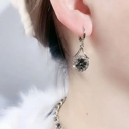 Korean Fashion Grey Round Crystal Zircon Dangle Earrings for Women Elegant Temperament Wedding Party Anniversary Gift Jewelry