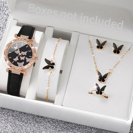 5PCS/Set Fashion Butterfly Women Watches Jewelry Set Luxury Rhinestone Female Leather Band Quartz Watch ( Without Box )