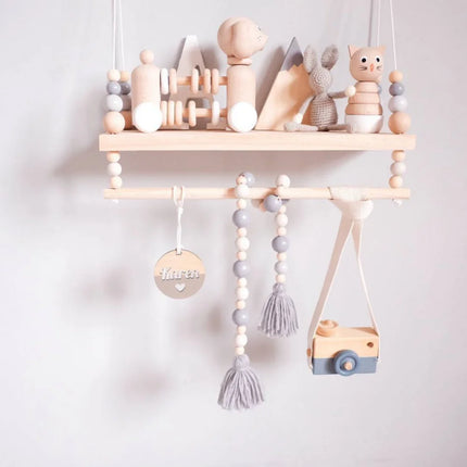 Wooden Beads Wall Hanging Shelf Swing Rope Floating Shelves Display Storage Rack Decor For Home Office Cafe Kid Room