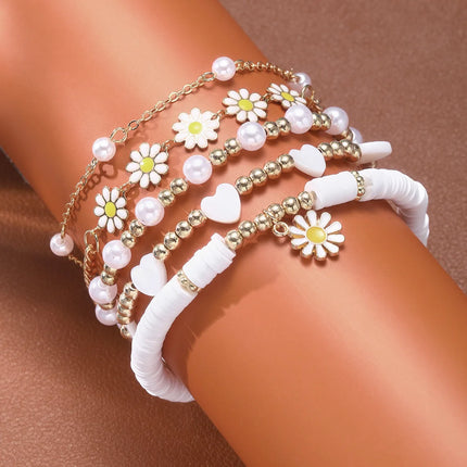 5Pcs/set Multilayer Daisy Flower Pearl Beaded Bracelets For Women Boho Love Heart Flower Beads Metal Chain Bangles Charm Jewelry