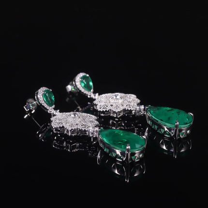 GEM'S BALLET Luxury Vintage Imitated Emerald  Dangle Drop Earrings, Sterling Silver Floral Chandelier Earrings, Dormeuse Earring