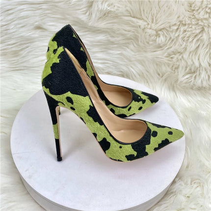 2020 New Women's Shoes Camouflage Horse Hair Celebrity High Heels 12CM Thin Heels Pointed Shallow Mouth Single Shoes Banquet Sho