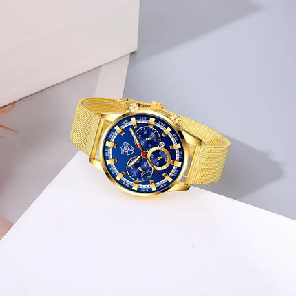 2PCS Set Fashion Mens Business Watches Luxury Male Casual Stainless Steel Mesh Belt Quartz Watch Men Necklace Wrist Watch