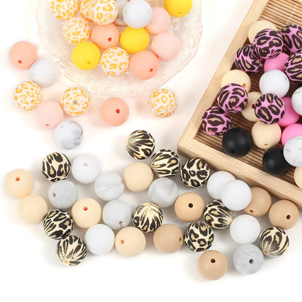 15mm 30Pcs Silicone Beads Round Print Food Grade Teething Beads for DIY Pen Baby Teething Pacifier Clips Necklace