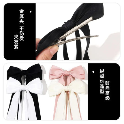 Korean Solid Color Ribbon Double Bowknot Hair Clips for Women Girls Trendy Big Bow Long Tassel Silver Barrettes Pin Accessories