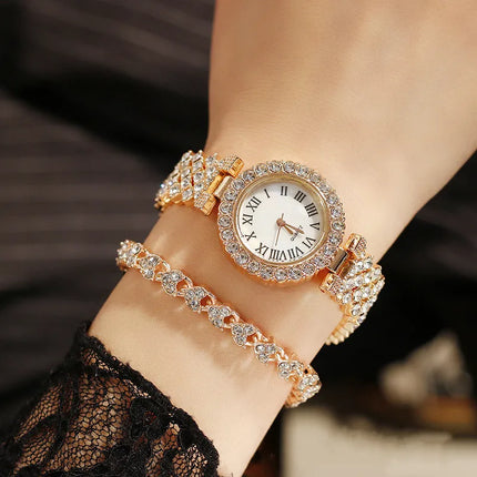 Luxury Women Shiny Bracelet Watches 2pcs Set Rose Gold Watch Fashion Ladies Elegant Quartz Diamond Wristwatch Female Reloj Mujer