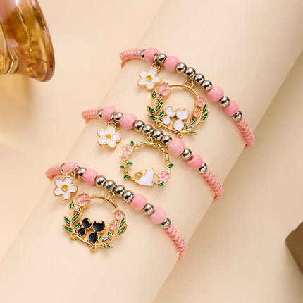 Korean Cartoon Animal Kitten Pink Flower Beaded Bracelet for Women Cute Cat Daisy Sunflower Handmade Bracelet Friendship Jewelry