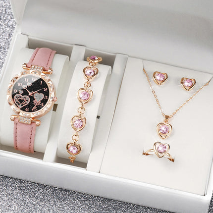 5PCS/Set Fashion Rhinestone Heart Women Watch Jewelry Set Female Leather Band Quartz Wrist Watch（Without Box）