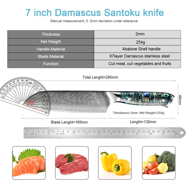 Santoku Knife 7 Inch Damascus Japanese Steel Kitchen Knife,VG10 67-Layer High Carbon Full Tang Best Chef Santoku knives Sharp