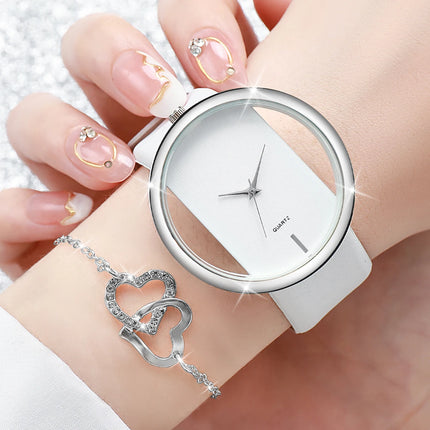 5PCS/Set Fashion Hollow Dial Women Quartz Watch Rhinestone Heart Jewelry Set Ladies Leather Band Wrist Watch（Without Box）