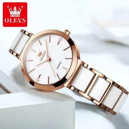 OLEVS Fashion Women Watches Relogio Feminino Luxury Rose Gold Watch Ladies Quartz Wrist Watch Ceramic Strap Clock Reloj Mujer