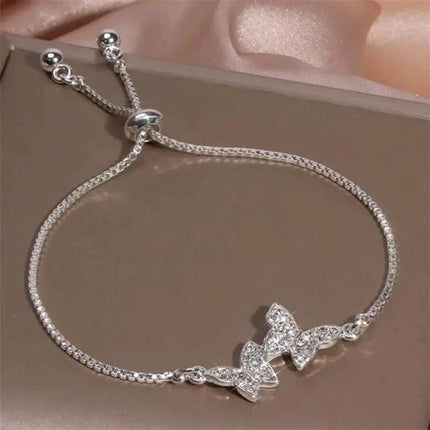 Korean New Luxury Silver Color Crystal Zircon Butterfly Bracelet Women's Fashion Temperament Flower Adjustable Bracelet Jewelry