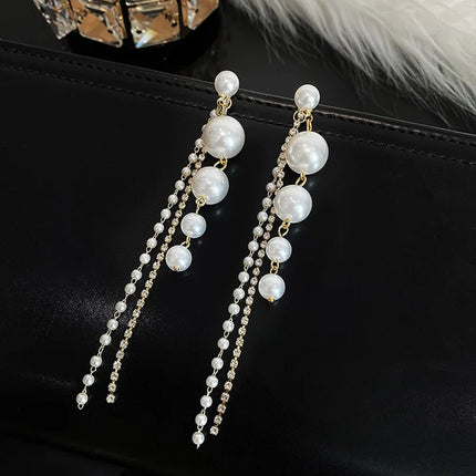 Korean Multiple Imitation Pearl Tassel Long Pendant Earrings for Women Personalized Simple Temperament Ear Jewelry Gift