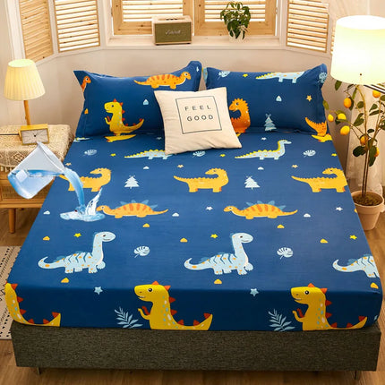 Bonenjoy 1Pc Waterproof Fitted Sheet With Elastic Cartoon Style Cute Dinosaur Print Bed Sheet for Kid Queen King Size couvre lit