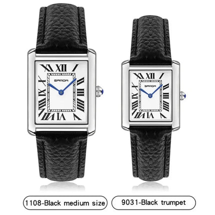 SANDA 1108 9031 Couple Quartz Watch Simple Fashion Small Square Silvery Clock Black Leather Strap Wristwatch for Men and Women