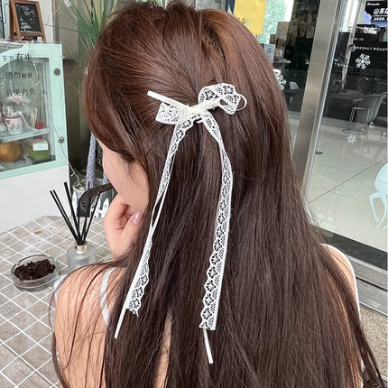 Korean Lace Cream White Bow Ribbon Hair Clip for Women Hairpins Bullet Style Side Shredded Hairpin Headpiece Clip New Headwear