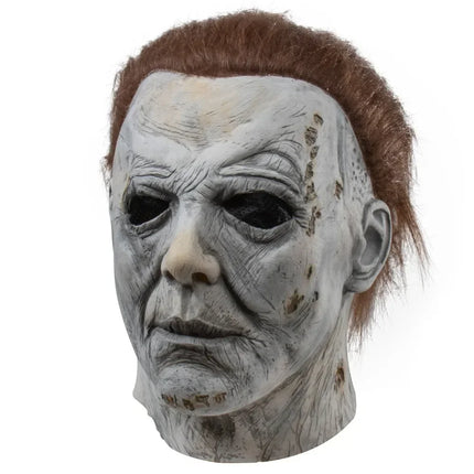 Halloween Michael Myers Mask Scary Killer Full Head Mask Creepy Fire Burn Scar Latex Face Mask Cosplay Costume Party Props Knife