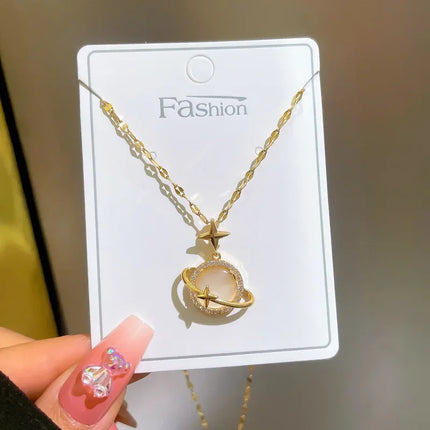 AAA Cubic Zirconia Stones Star And Planet Saturn Pendant Necklace Choker Women Girl Fashion CZ Crystal KC-gold Plated Jewelry