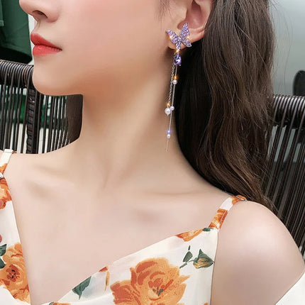 Light Luxury Butterfly Pearl Tassel Earrings for Women