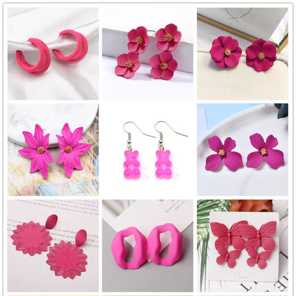 Rose Red Flower Bear Butterfly Drop Earrings - Trendy Women's Fashion Jewelry