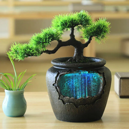 7Color Led Change Creative Indoor Resin Flower Pot Flowing Water Sound Waterfall Fountain Garden Feng Shui Simulation Tree Craft