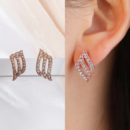 Crystal Winged Rose Gold Stud Earrings - Geometric Rhinestone Ear Jewelry