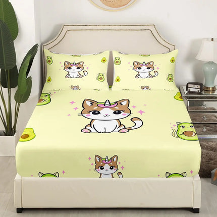 Cartoon Cat Bed Sheet Set,Watercolor Animals Butterfly Cat Fitted Sheet and Pillowcase for Kids Boys Girls Teens Queen Size 3Pcs