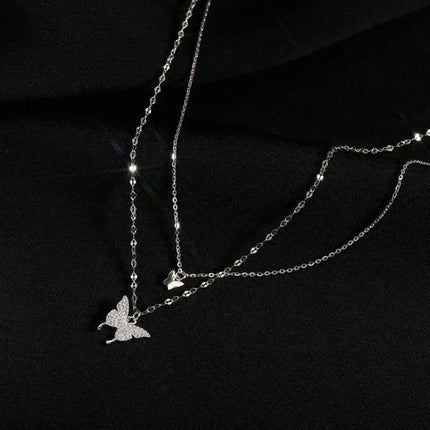 Women Shiny Butterfly Necklace Fashion Double Layer Pendant Cross Choker Neck Chain Light Luxury Clavicle Chain Party Jewelry