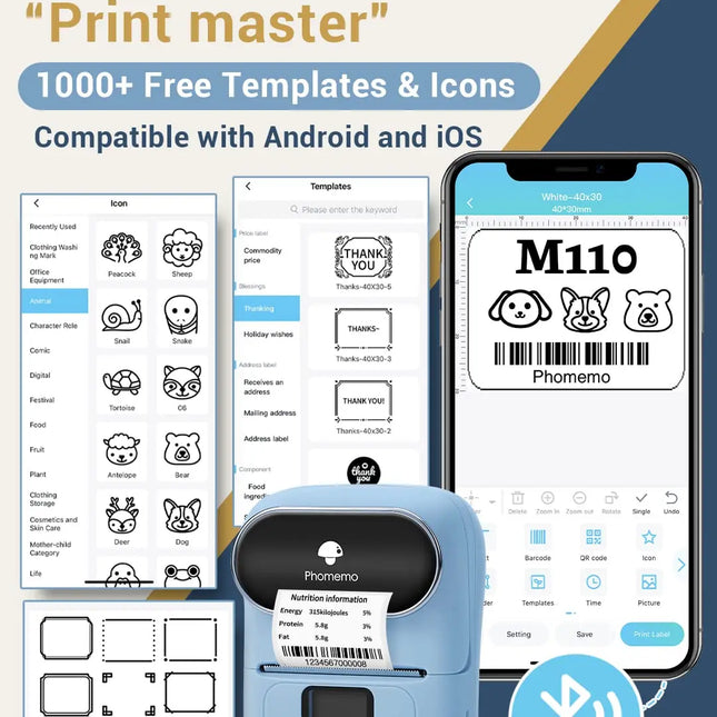 Phomemo M110 Thermal Wireless Label Printer Sticker Mini Printer Barcode Bluetooth Label Maker Price Tag Printers Free APP