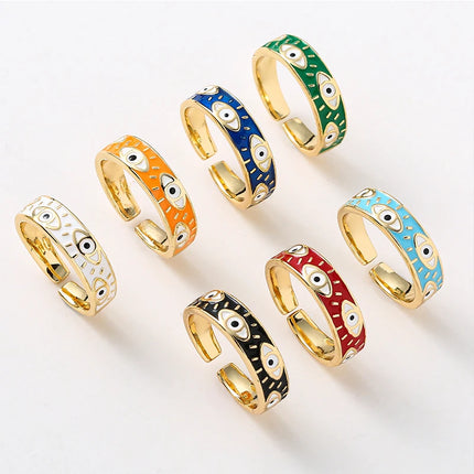 Fashion Aesthetic Evil Blue Eyes Finger Rings for Women Oil Dripping Stainless Steel Rings Adjustable Opening Ring Jewelry Gifts