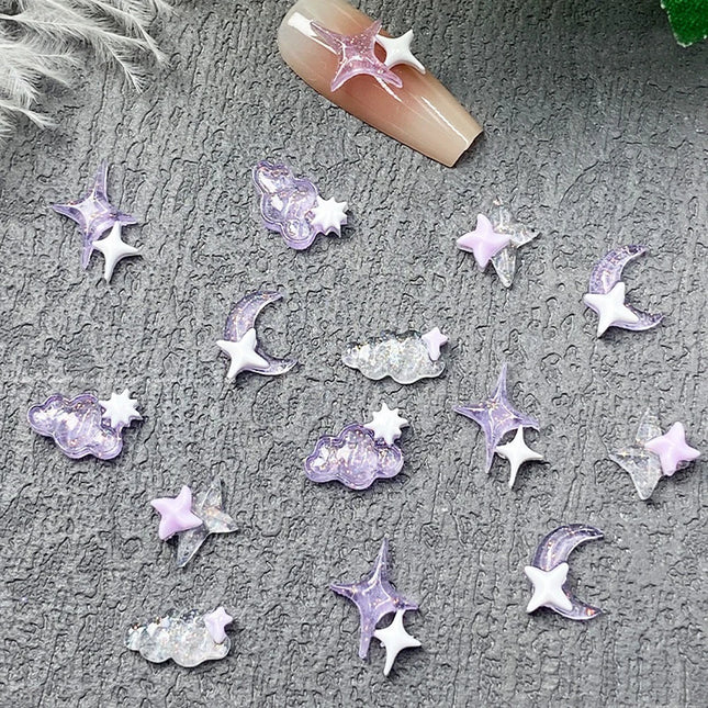 50pcs Purple Clear Cloud Nail Art Charm 3D Lovely Moon Pointed Star Moon Cloud Nail Decoration DIY Kawaii Nail Accessories