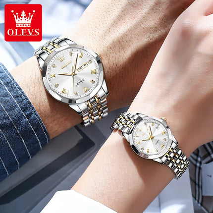 OLEVS Brand Luxury Couple Watches Rhombus Mirror Original Quartz Men and Women Wristwatch Luminous Waterproof Calendar Gift Set