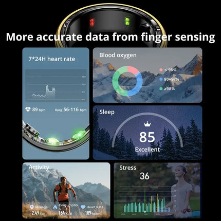 EIGIIS New Smart Ring Men Women, Heart Rate and Blood Oxygen Monitor, IP68 & 5ATM Waterproof, Multi-sport Mode for Android IOS