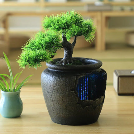 7Color Led Change Creative Indoor Resin Flower Pot Flowing Water Sound Waterfall Fountain Garden Feng Shui Simulation Tree Craft