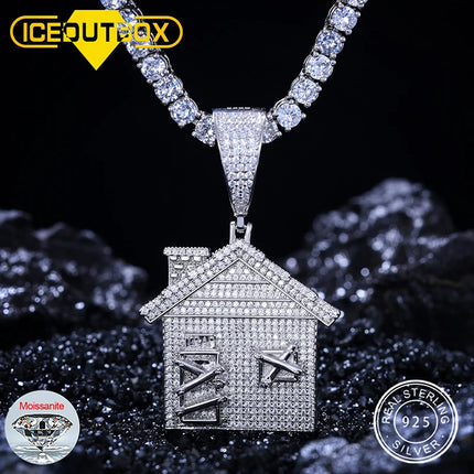 925 Sterling Silver Iced Out Moissanite House Pendant Necklace Classic Blocked Door Pendant For Men Trendy Hip Hop Women Jewelry