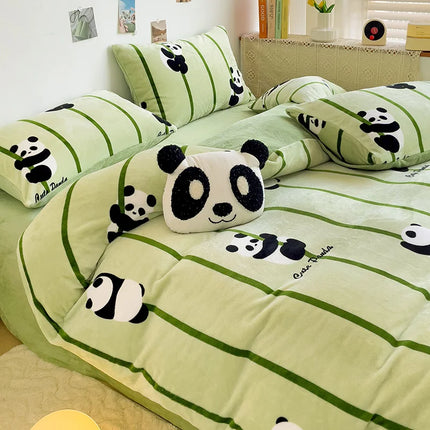 Cute Cartoon Panda 3pcs Duvet Cover Set Sage Green Thickened Milk Velvet Comforter Covers Boys Girls Bedding with Pillowcase