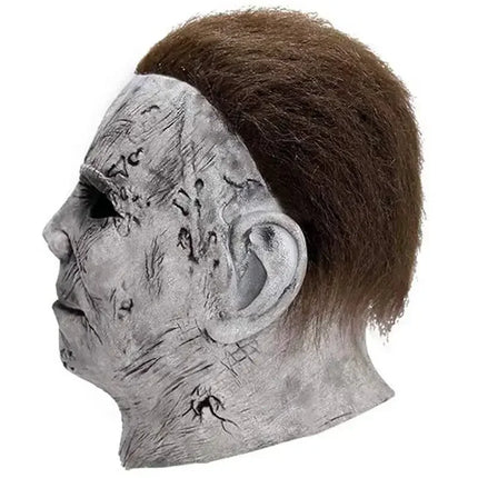 Halloween Michael Myers Mask Scary Killer Full Head Mask Creepy Fire Burn Scar Latex Face Mask Cosplay Costume Party Props Knife