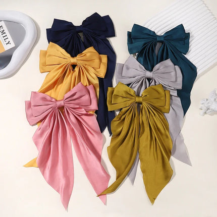 Elegant Bow Ribbon Hair Clip Fashion Simple Solid Satin Spring Clip Hair Pin Retro Headband with Clips Girls Hair Accessories