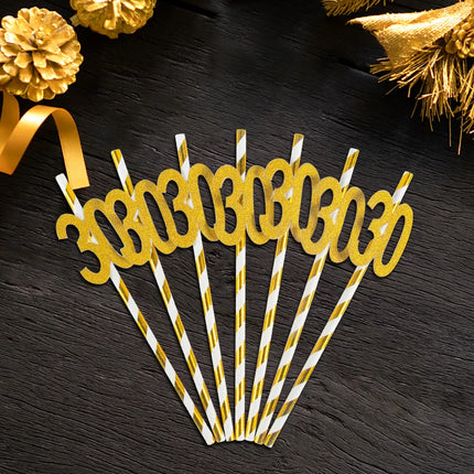 10pcs Gold Striped Paper Straws 30th 40th 50th 60th Birthday Drinking Straws for Adult 30 40 50 Years old Birthday Anniversary