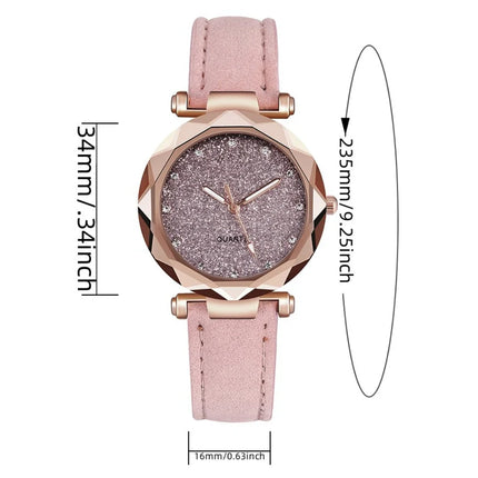 Round Face Rhinestone Star Sky Silver Pink Women for Watch Leisure Fashion Trend Frosted Belt Vintage Black Quartz Wristwatch